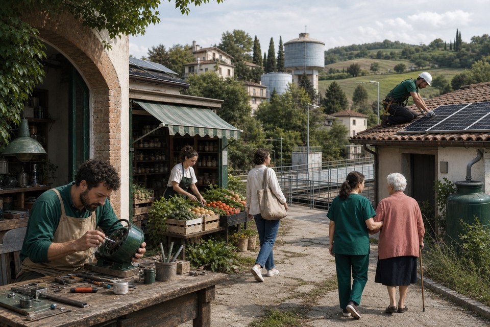 In un territorio italiano, persone lavorano nell'artigianato e nel commercio locale, assistono un'anziana e curano energia solare e risorse idriche.