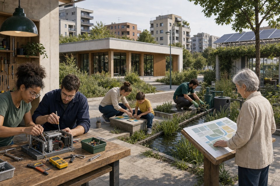Persone di età diverse riparano apparecchiature, studiano, curano acqua e verde e consultano una planimetria pubblica in un quartiere italiano.